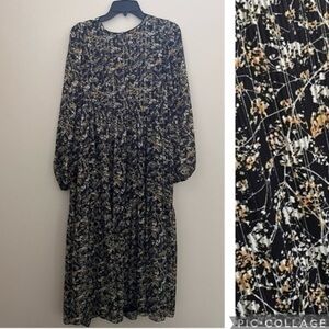 NEW ZARA Black and Gold Metallic Floral Long Sleeve Tiered Midi Sun Dress
